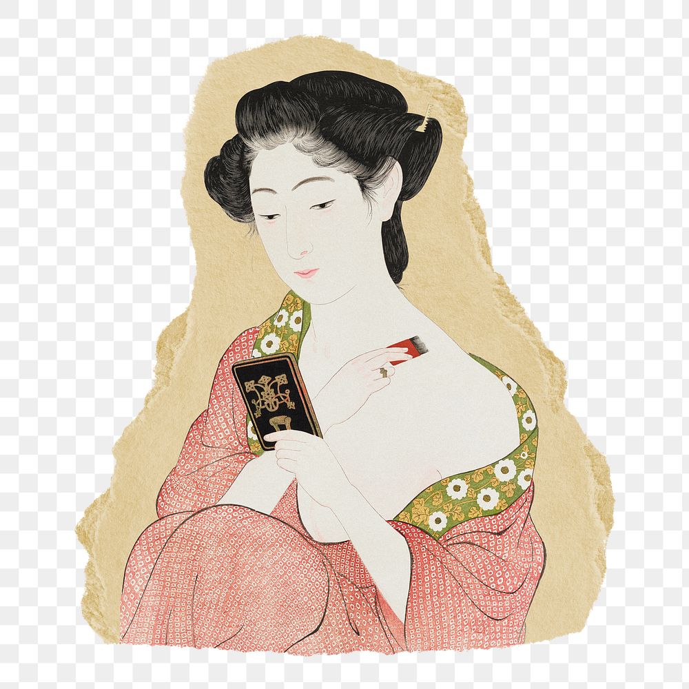 Png Hashiguchi's Woman Applying Powder sticker, vintage illustration on ripped paper, transparent background