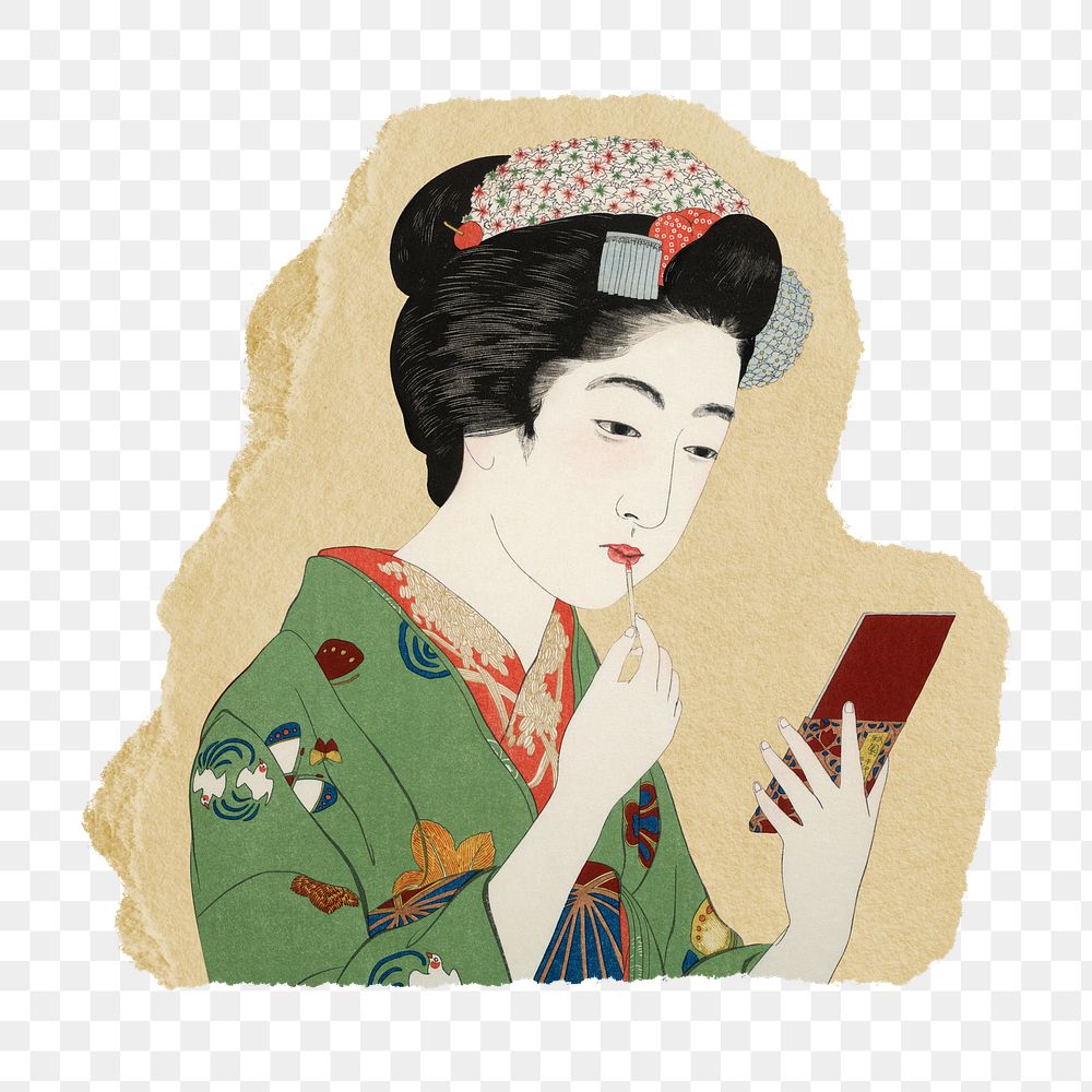 Png Hashiguchi's woman applying lipstick sticker, vintage illustration on ripped paper, transparent background