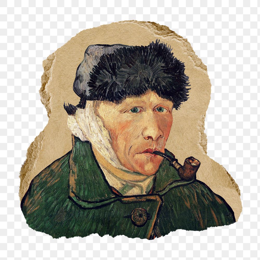 Png Van Gogh's Self-Portrait with Bandaged Ear and Pipe sticker, vintage illustration on ripped paper, transparent background