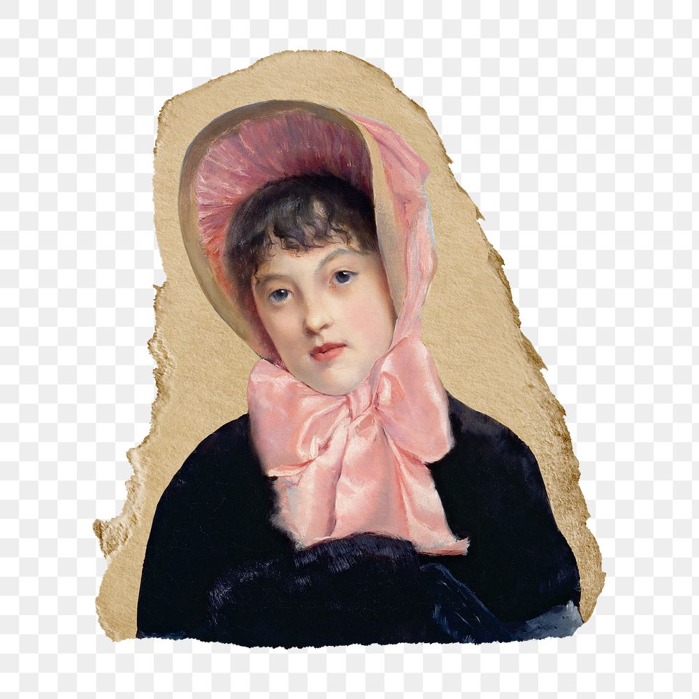 Png The Pink Capeline sticker, Jacques-Emile Blanche's vintage illustration on ripped paper, transparent background