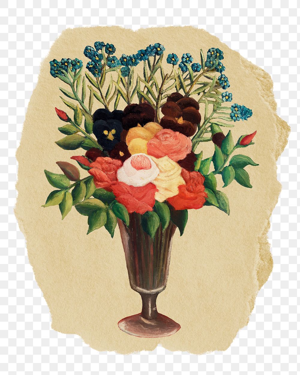 Png flowers in a vase sticker, floral vintage illustration on ripped paper, transparent background
