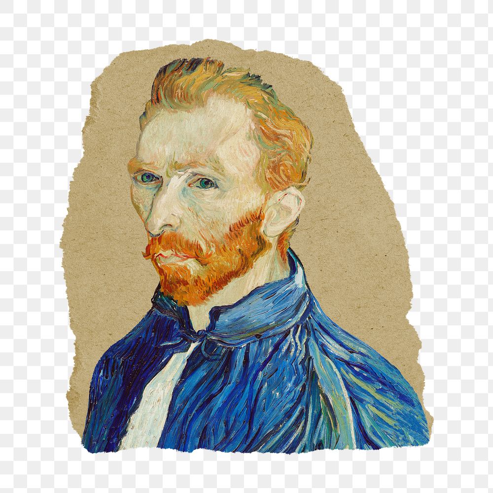 Png Van Gogh sticker, vintage self portrait artwork on ripped paper, transparent background