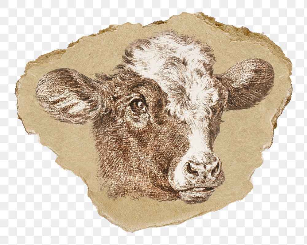 Png cow head sticker, farm animal vintage illustration on ripped paper, transparent background