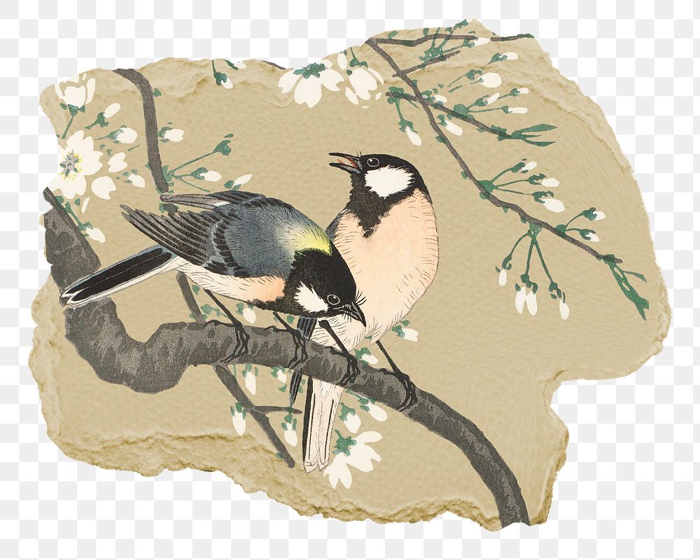Png Ohara Koson's bird sticker, vintage illustration on ripped paper, transparent background
