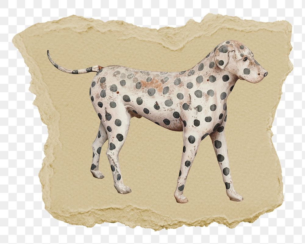 Png Dalmatian dog sticker, vintage illustration on ripped paper, transparent background