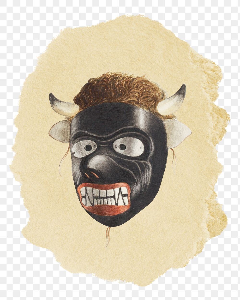 Png evil mask sticker, vintage illustration on ripped paper, transparent background