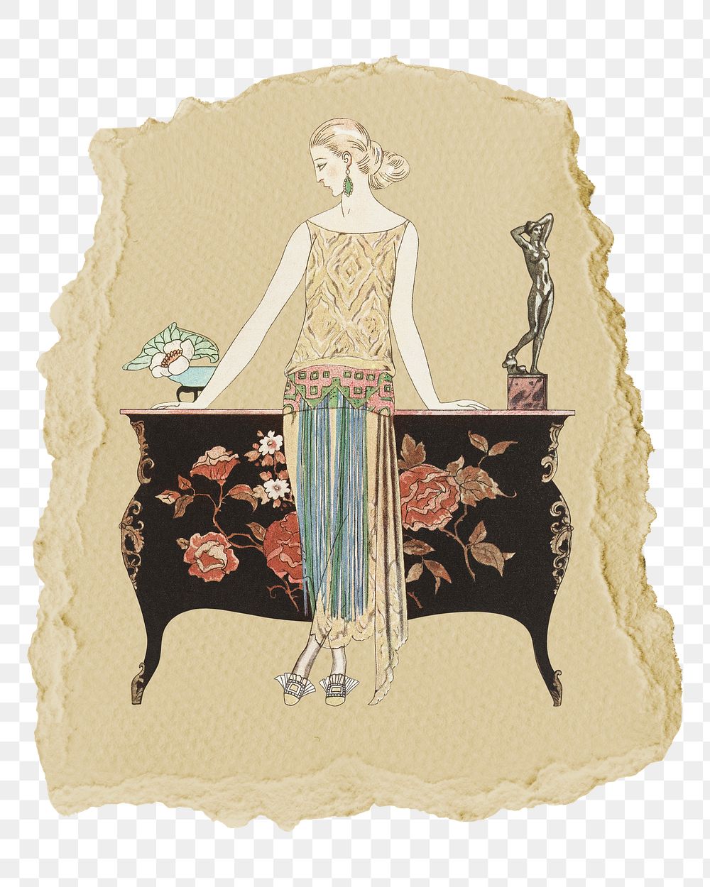 Png Rosalinde: Robe du soir sticker, George Barbier's vintage illustration on ripped paper, transparent background