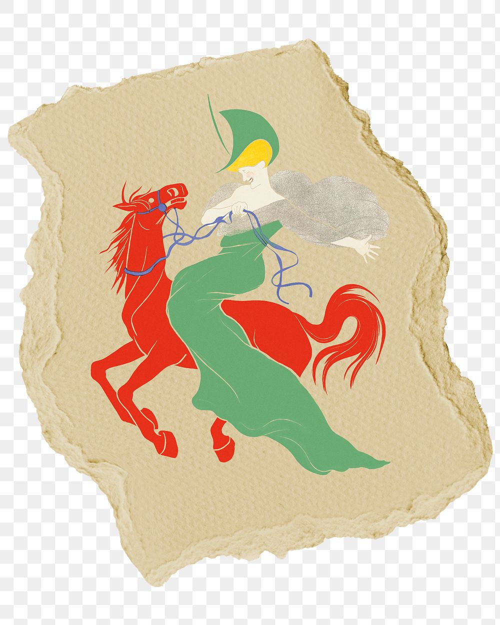 Png horse and woman sticker, vintage illustration on ripped paper, transparent background