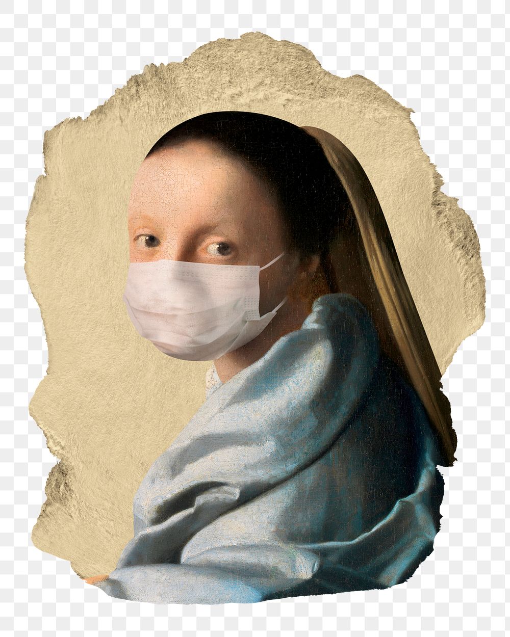 Png Vermeer's young girl wearing mask sticker, vintage illustration on ripped paper, transparent background