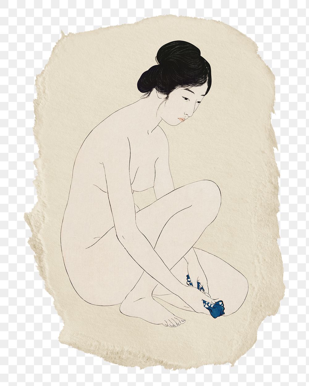 Png Hashiguchi's naked woman sticker, vintage illustration on ripped paper, transparent background