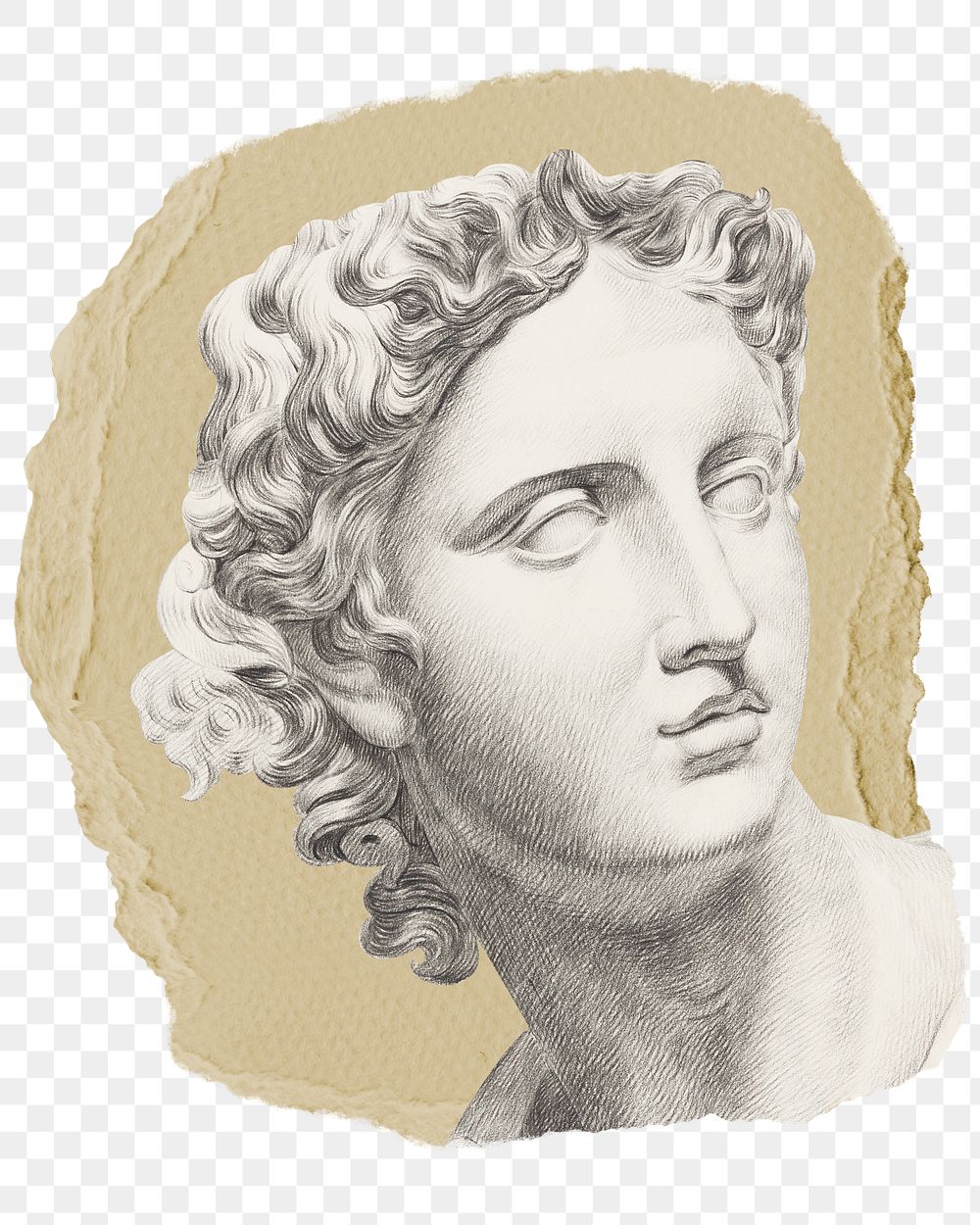 Png Greek statue sticker, vintage illustration on ripped paper, transparent background