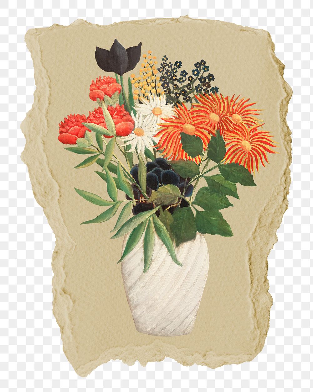 Png flowers in a vase sticker, vintage illustration on ripped paper, transparent background