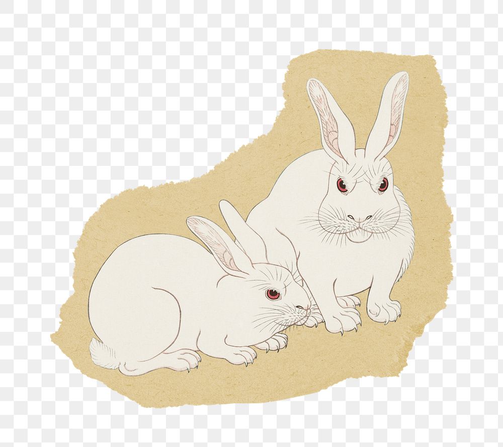 Rabbits png sticker, Ohara Koson's vintage illustration on ripped paper, transparent background