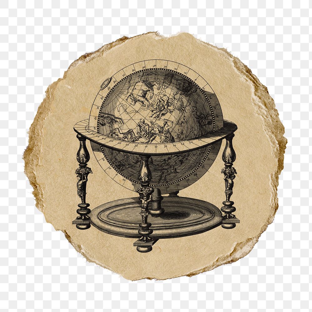 Png hand drawn globe sticker, vintage illustration on ripped paper, transparent background