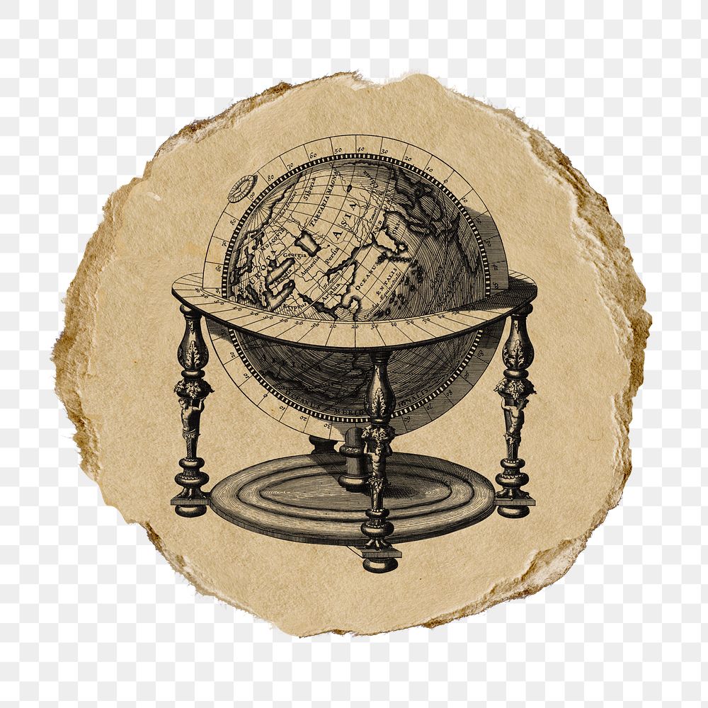Png hand drawn globe sticker, vintage illustration on ripped paper, transparent background