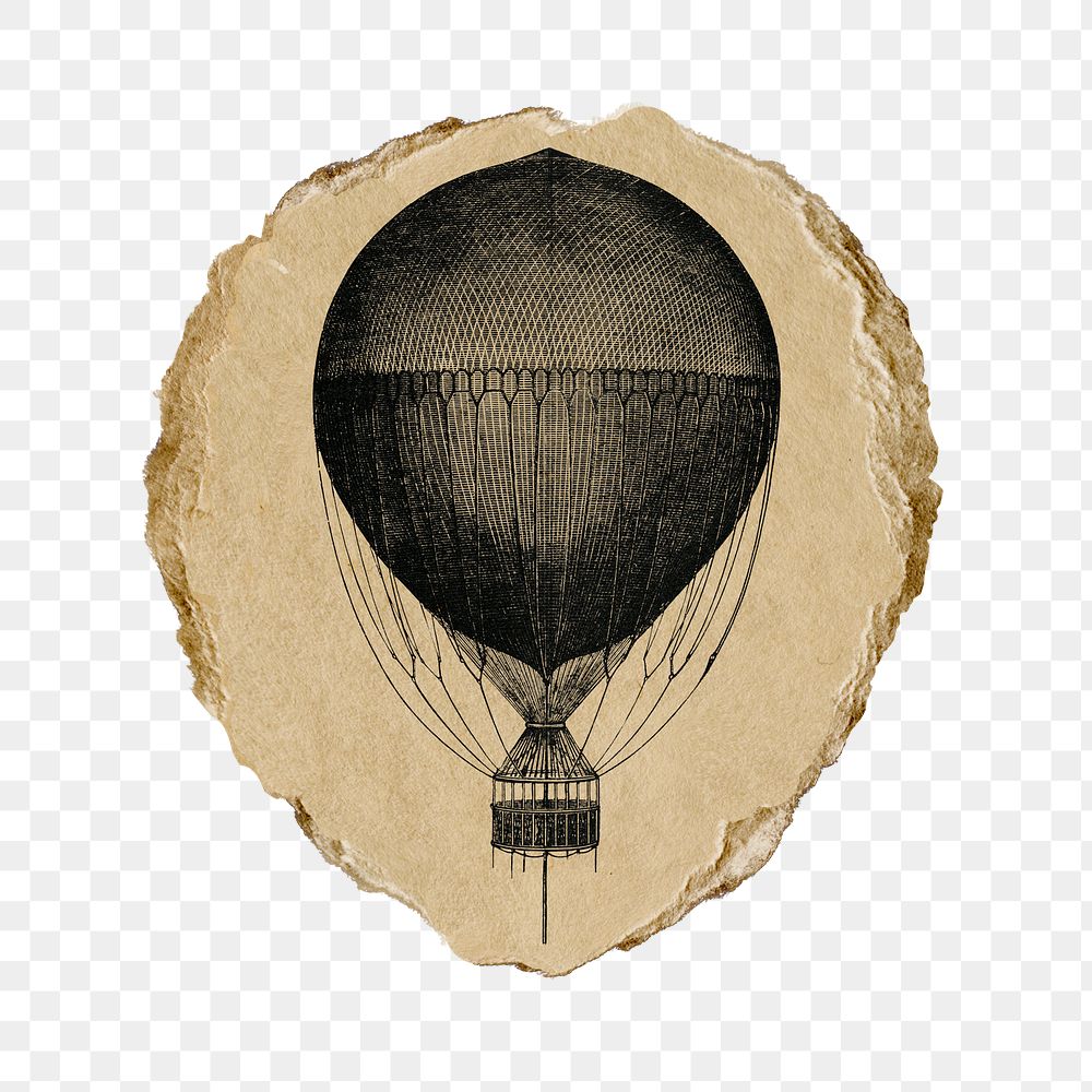 Png hand drawn hot air ballon sticker, vintage illustration on ripped paper, transparent background