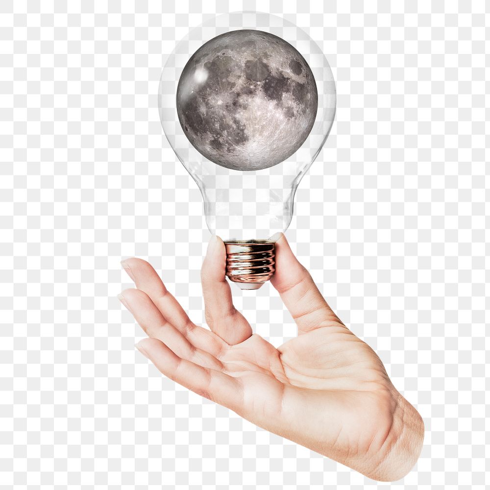 Full moon png sticker, hand holding light bulb in galaxy concept, transparent background