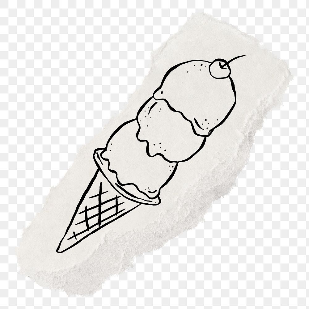 Ice cream png sticker doodle, ripped paper, transparent background