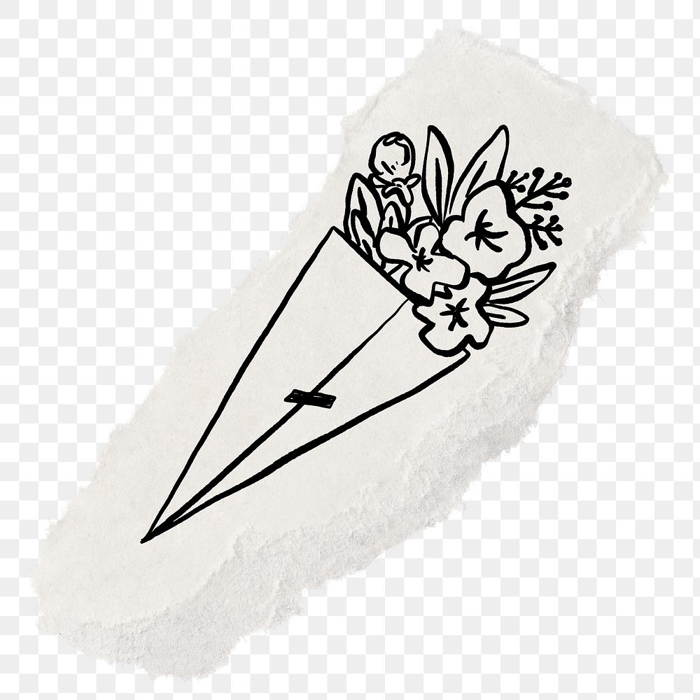 Bouquet png sticker, ripped paper doodle, transparent background