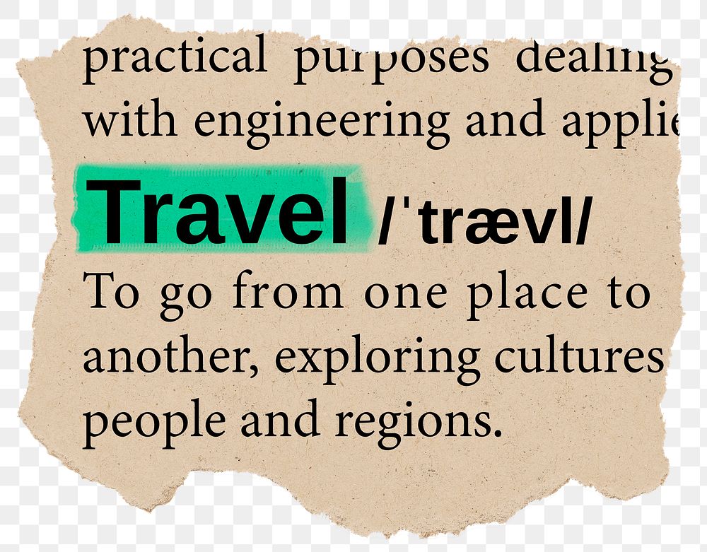 Travel png dictionary word sticker, Ephemera typography, transparent background