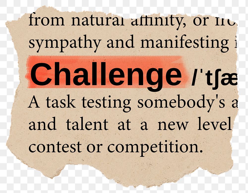 Challenge png dictionary word sticker, Ephemera typography, transparent background
