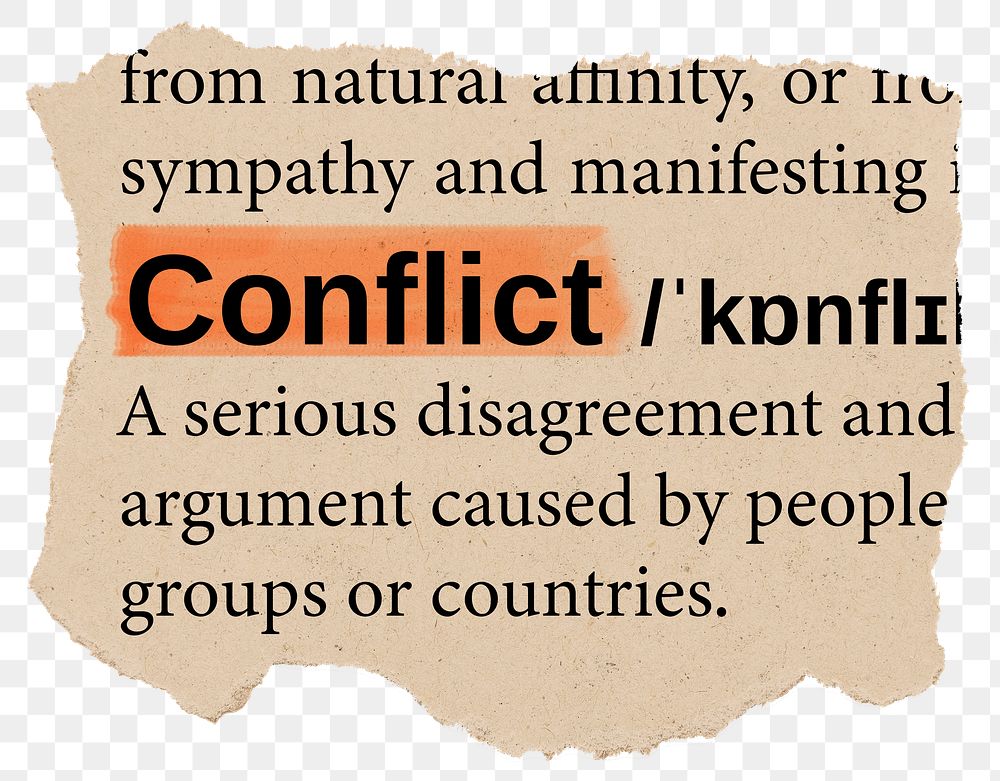 Conflict png dictionary word sticker, Ephemera typography, transparent background