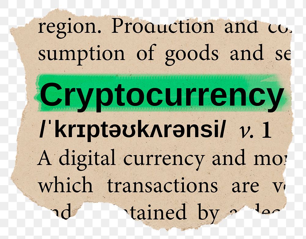 Cryptocurrency png dictionary word sticker, Ephemera typography, transparent background