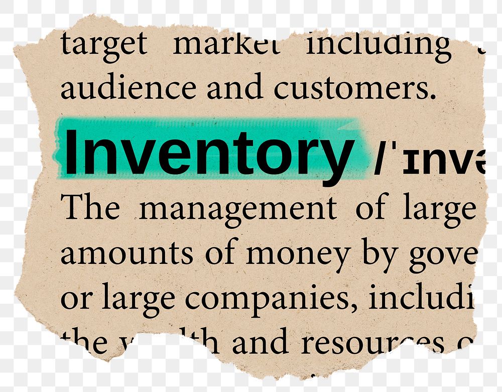 Inventory png dictionary word sticker, Ephemera typography, transparent background