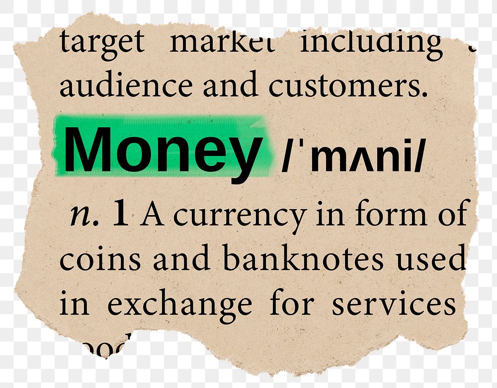 Money png dictionary word sticker, Ephemera typography, transparent background