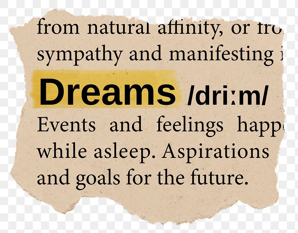 Dreams png dictionary word sticker, Ephemera typography, transparent background