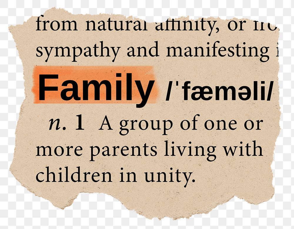 Family png dictionary word sticker, Ephemera typography, transparent background