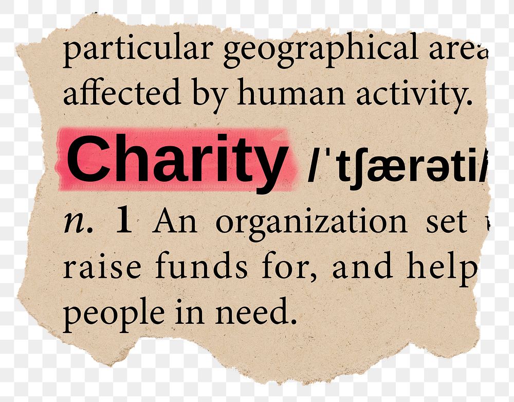 Charity png dictionary word sticker, Ephemera typography, transparent background