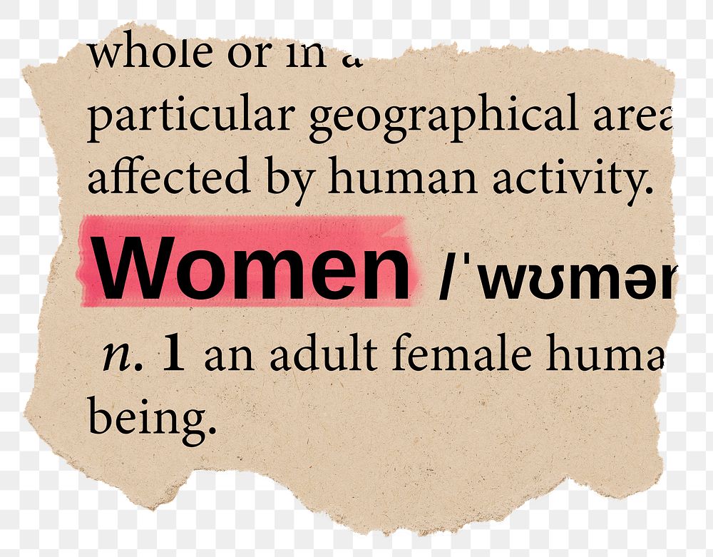 Woman png dictionary word sticker, Ephemera typography, transparent background