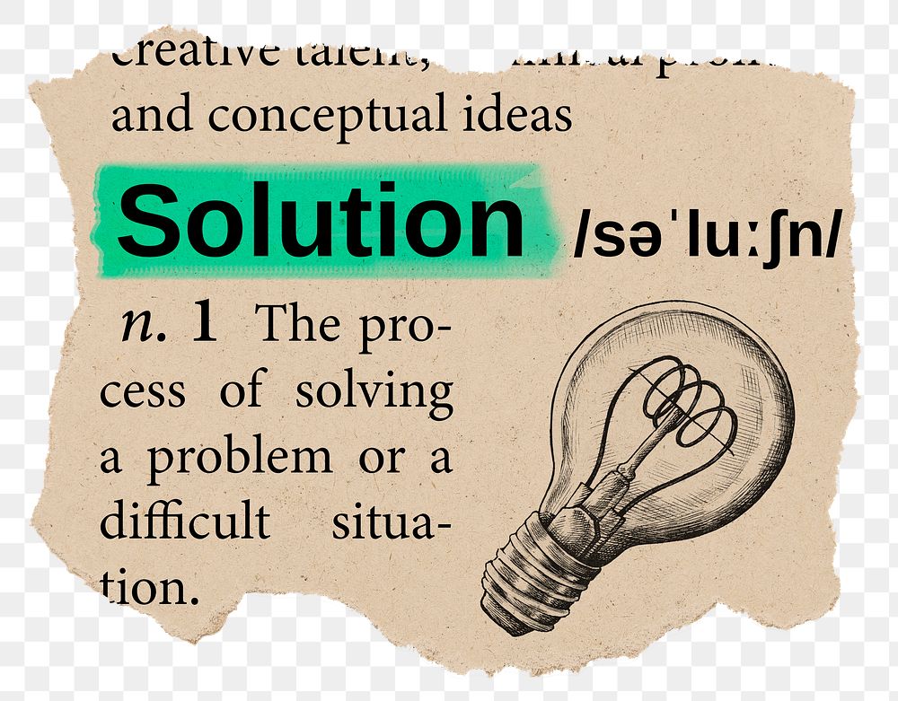 Solution png dictionary word sticker, Ephemera typography, transparent background