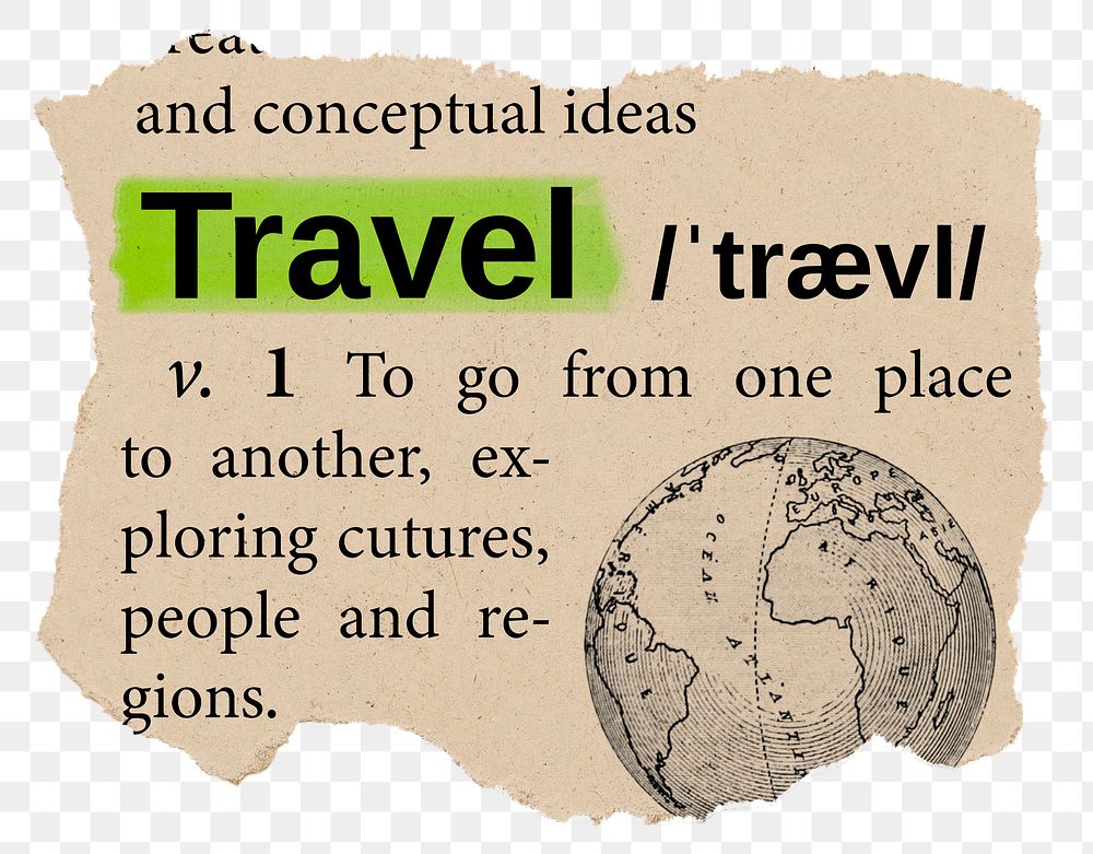 Travel png dictionary word sticker, Ephemera typography, transparent background