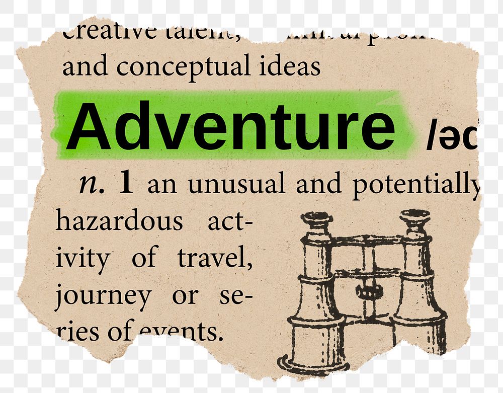 Adventure png dictionary word sticker, Ephemera typography, transparent background