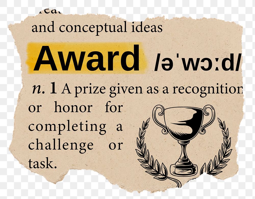 Award png dictionary word sticker, Ephemera typography, transparent background