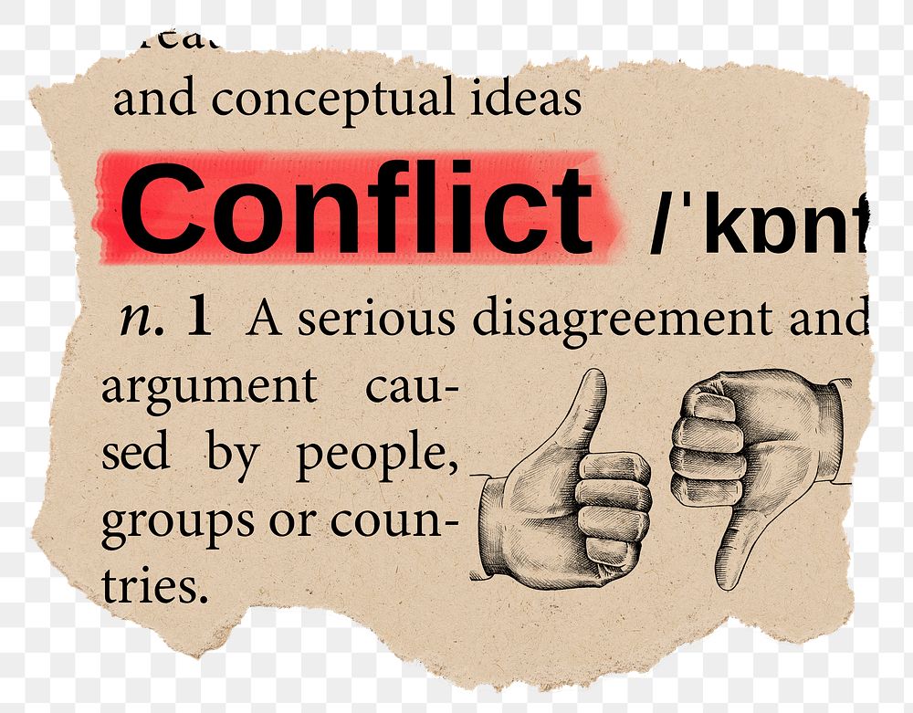 Conflict png dictionary word sticker, Ephemera typography, transparent background