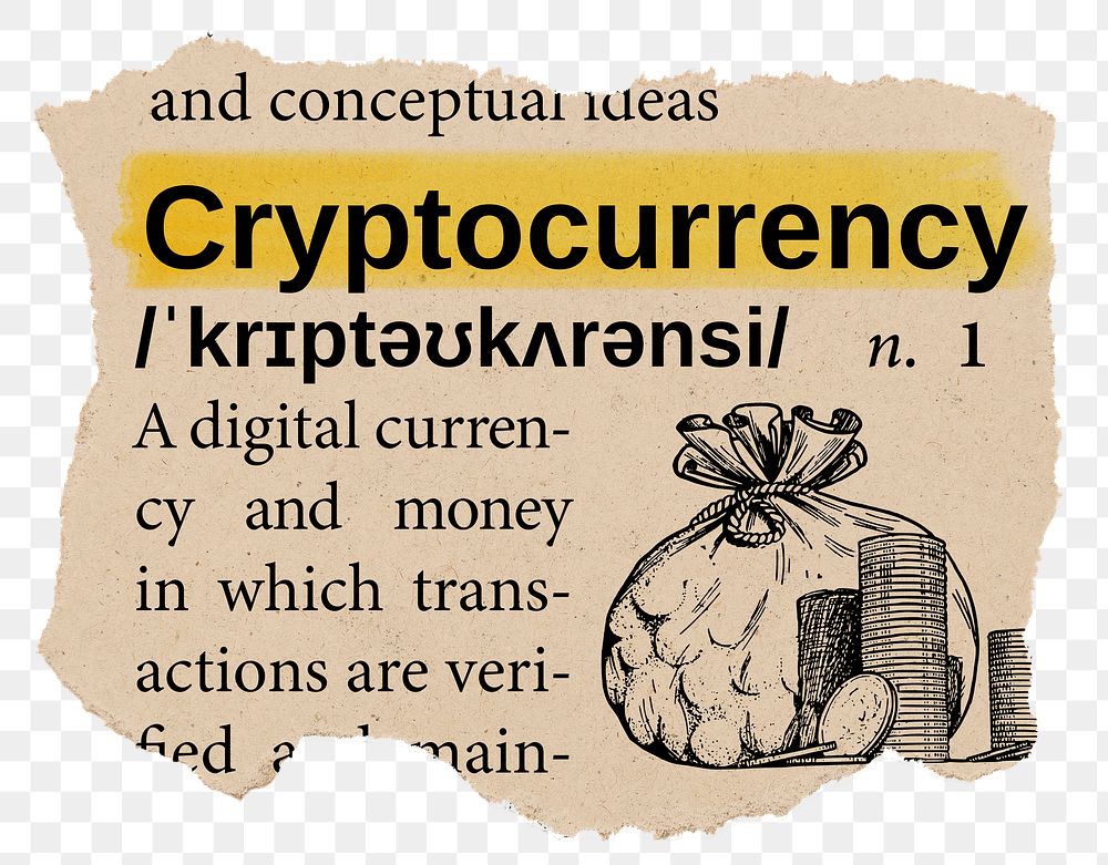 Cryptocurrency png dictionary word sticker, Ephemera typography, transparent background