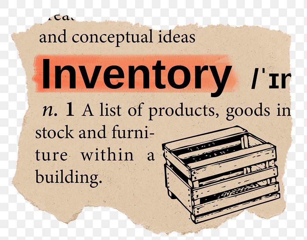 Inventory png dictionary word sticker, Ephemera typography, transparent background