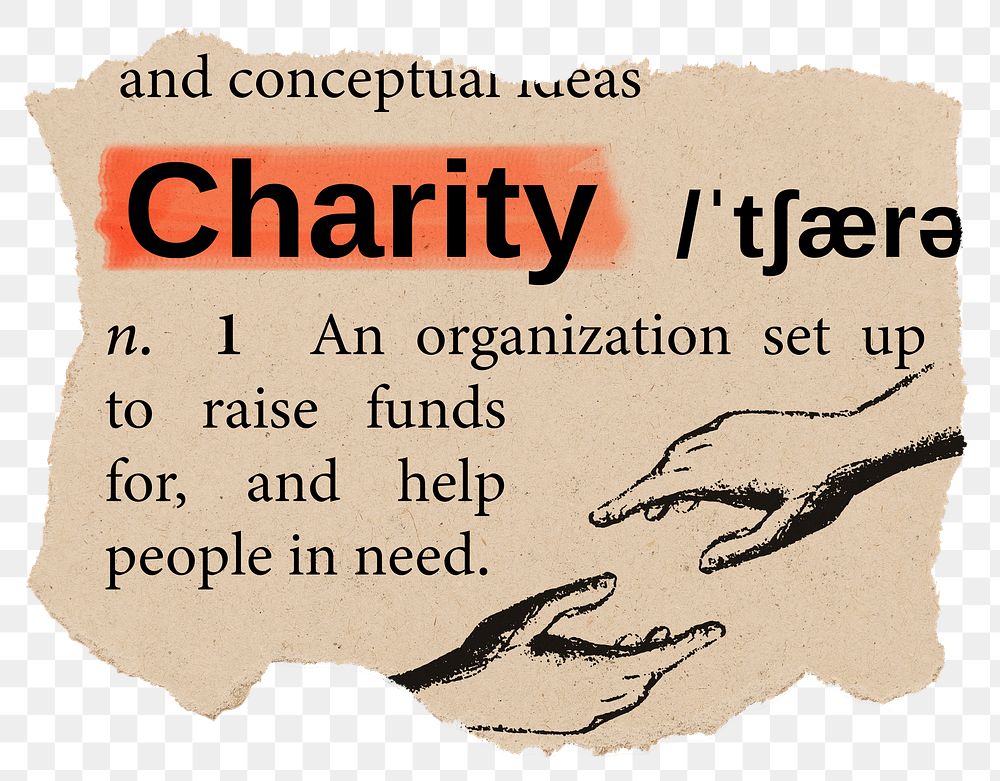 Charity png dictionary word sticker, Ephemera typography, transparent background