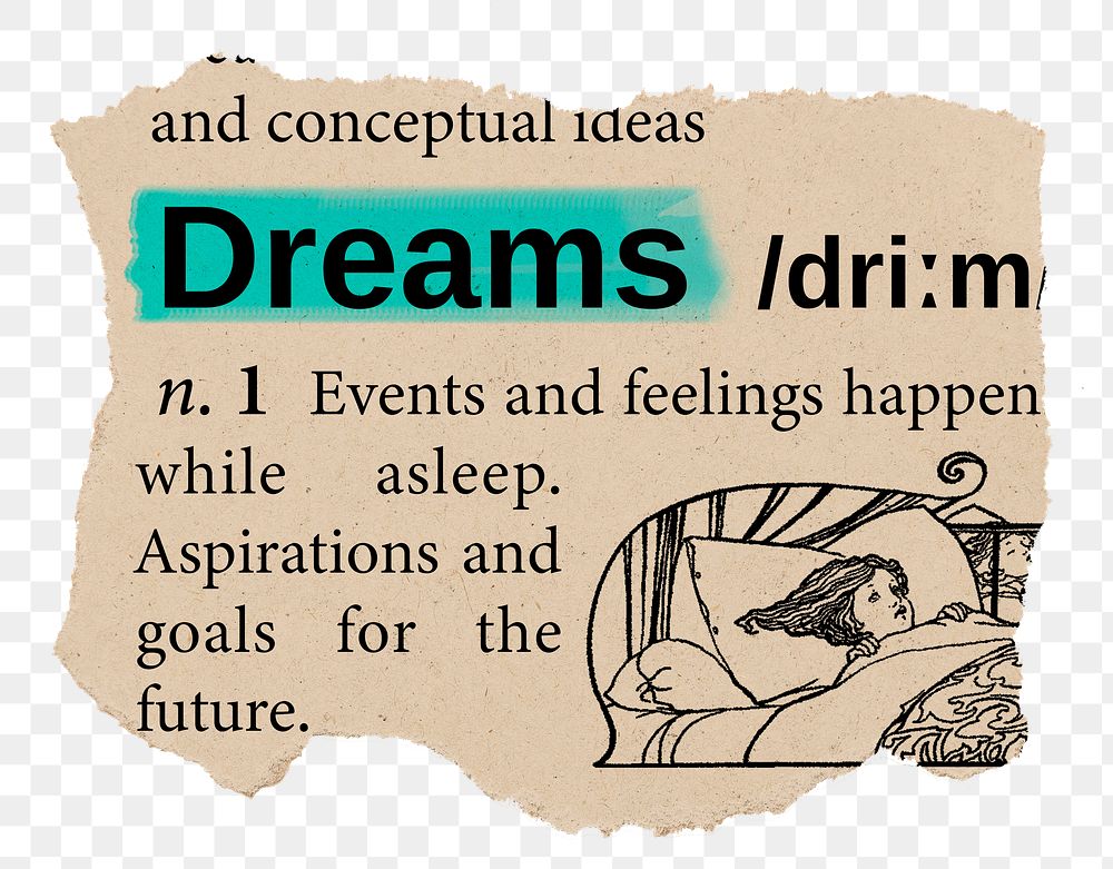 Dreams png dictionary word sticker, Ephemera typography, transparent background