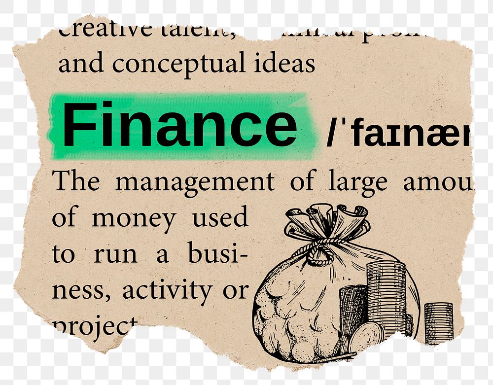 Finance png dictionary word sticker, Ephemera typography, transparent background