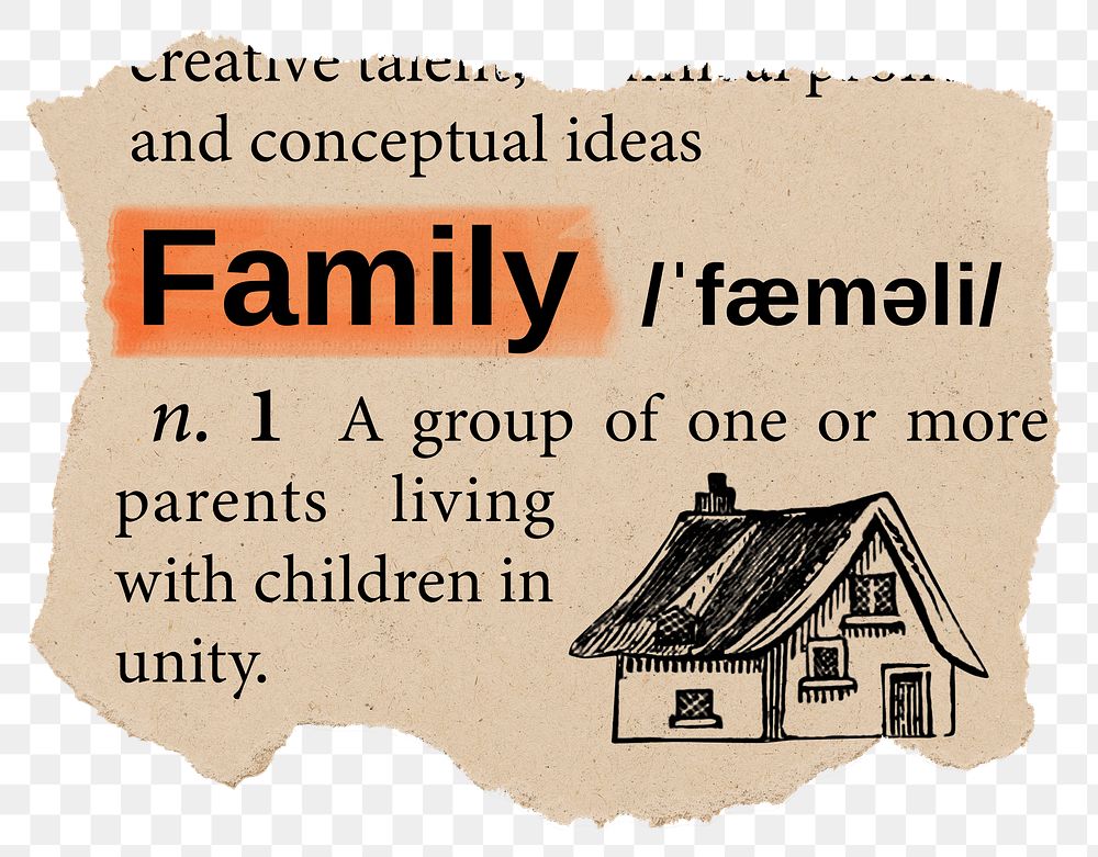 Family png dictionary word sticker, Ephemera typography, transparent background