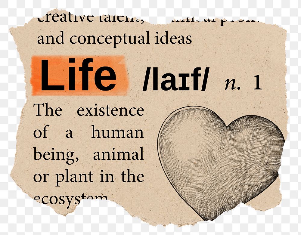 Life png dictionary word sticker, Ephemera typography, transparent background