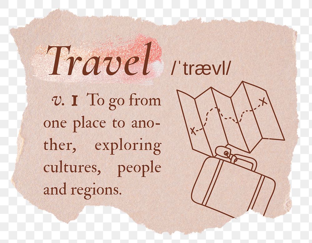 Travel png dictionary word sticker, typography in pink aesthetic, transparent background