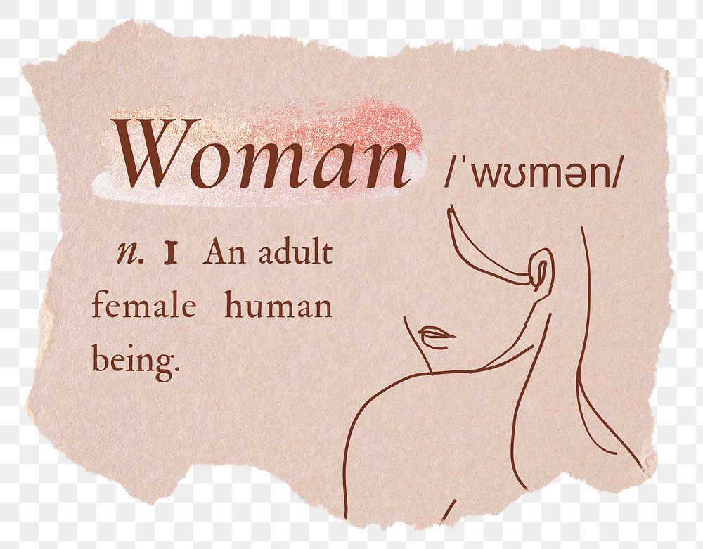 Woman png dictionary word sticker, typography in pink aesthetic, transparent background