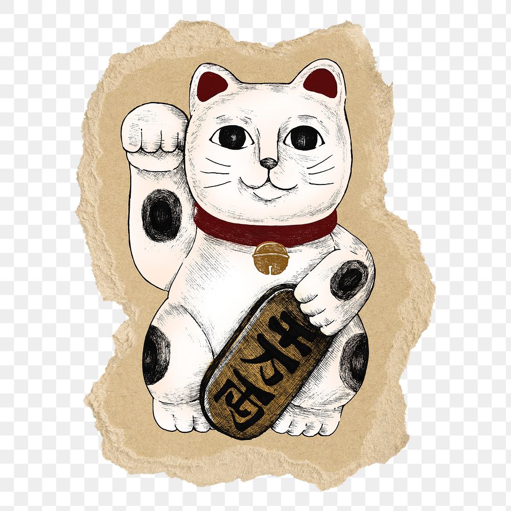 Maneki Neko cat png sticker, ripped paper, transparent background