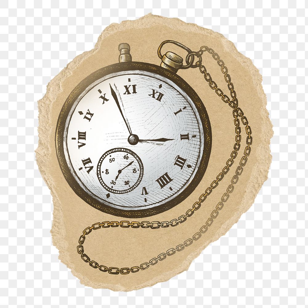 Pocket watch png sticker, ripped paper, transparent background