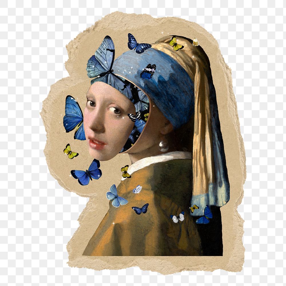 Girl with a Pearl Earring png sticker, ripped paper, transparent background, remixed by rawpixel
